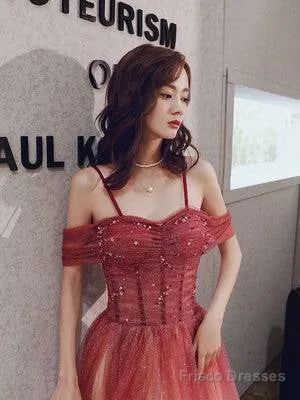 A Line Burgundy Tulle Long Prom Dress, Burgundy Tulle Formal Dress