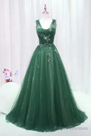 A-Line Green Sweetheart Beaded Tulle Prom Dress, Green Tulle Long Evening Dress