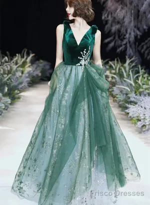 A-Line Green Tulle And Velvet Long Formal Dress, Green Tulle Party Dress Prom Dress
