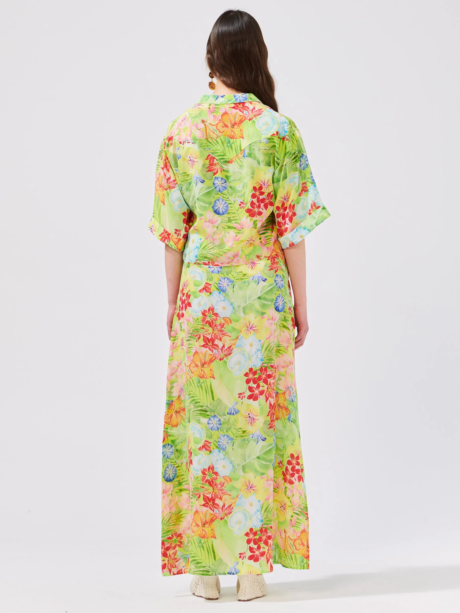 Abundant Blooms Silk Maxi Skirt Chartreuse