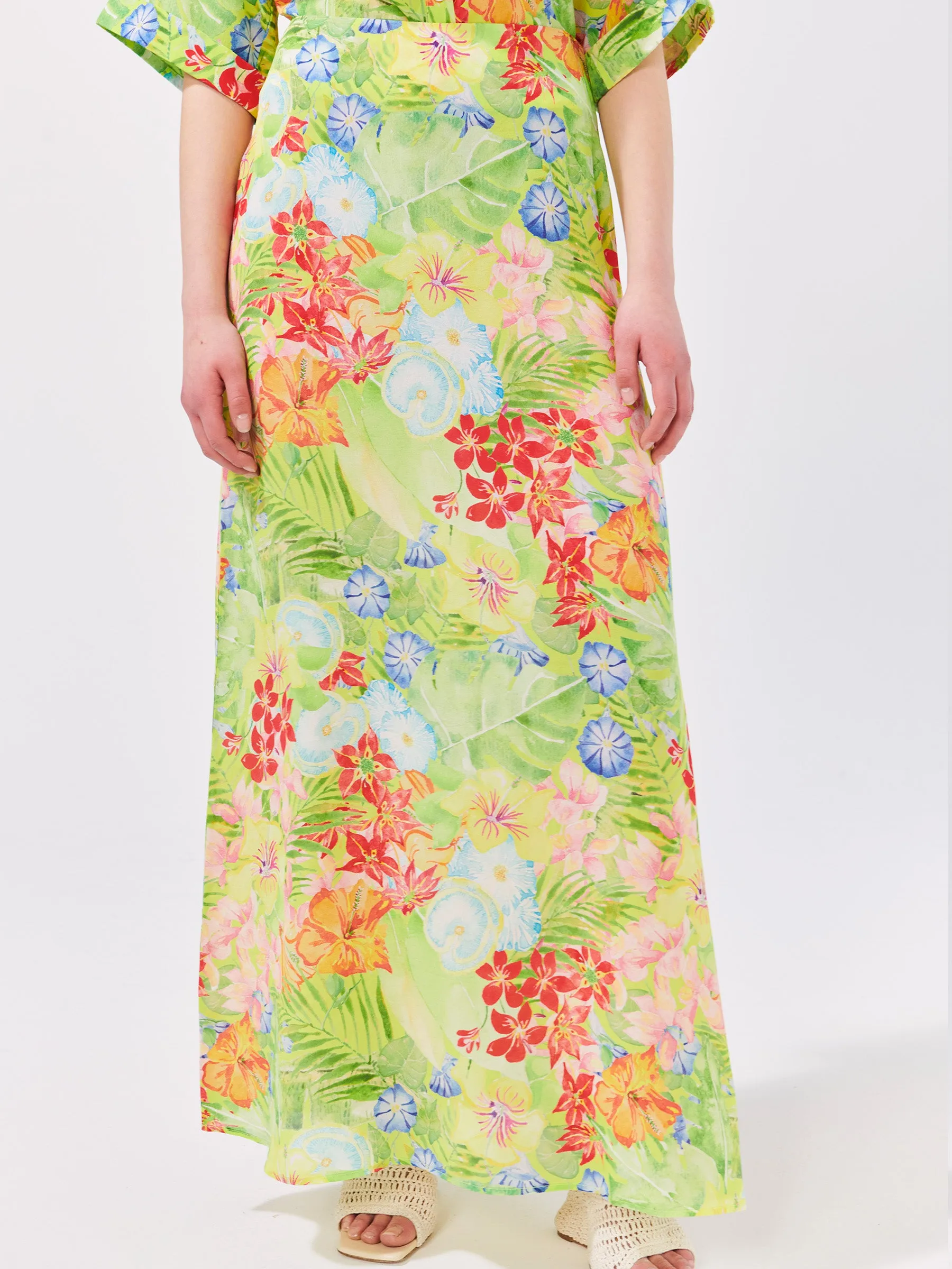 Abundant Blooms Silk Maxi Skirt Chartreuse