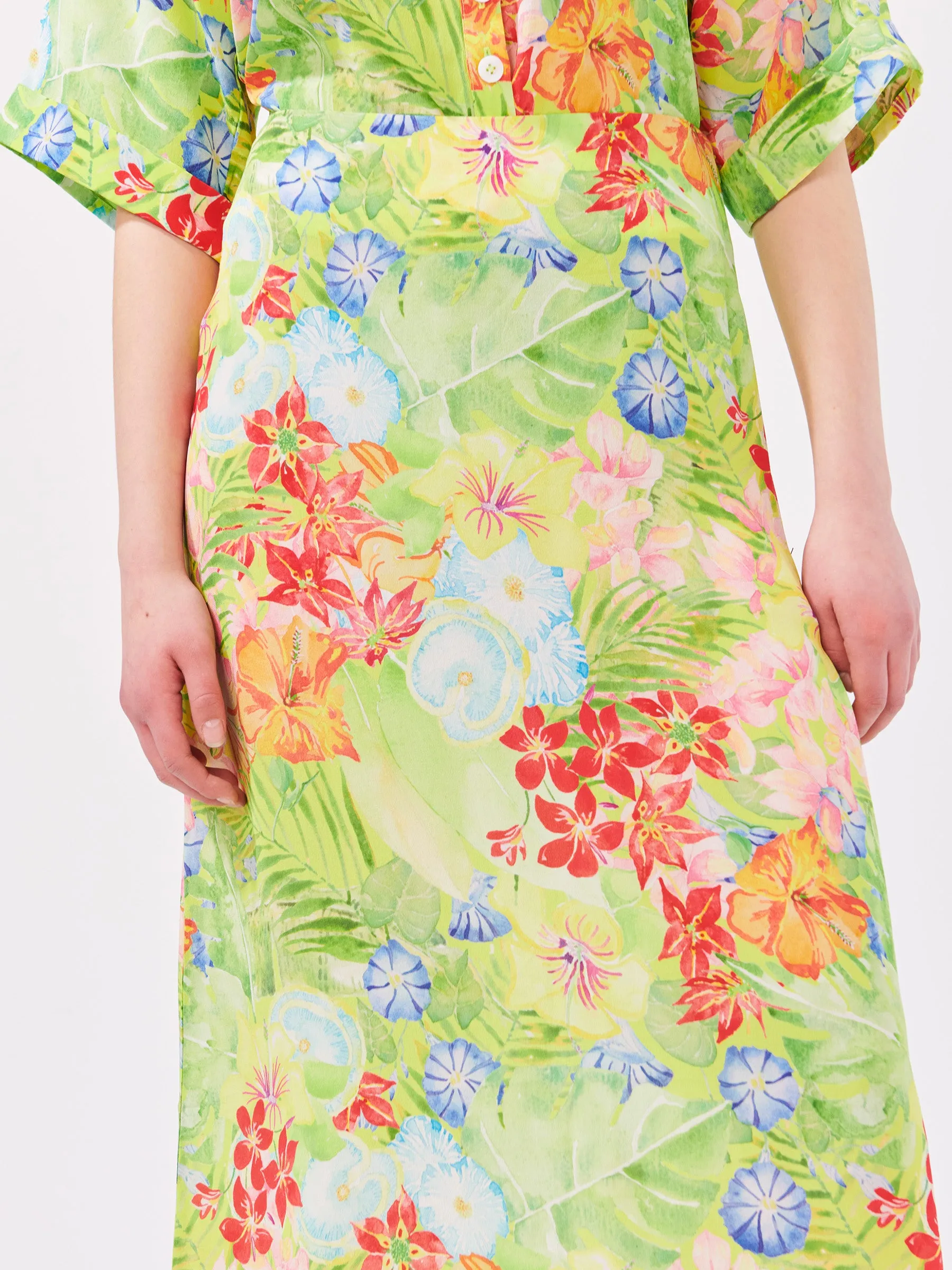 Abundant Blooms Silk Maxi Skirt Chartreuse