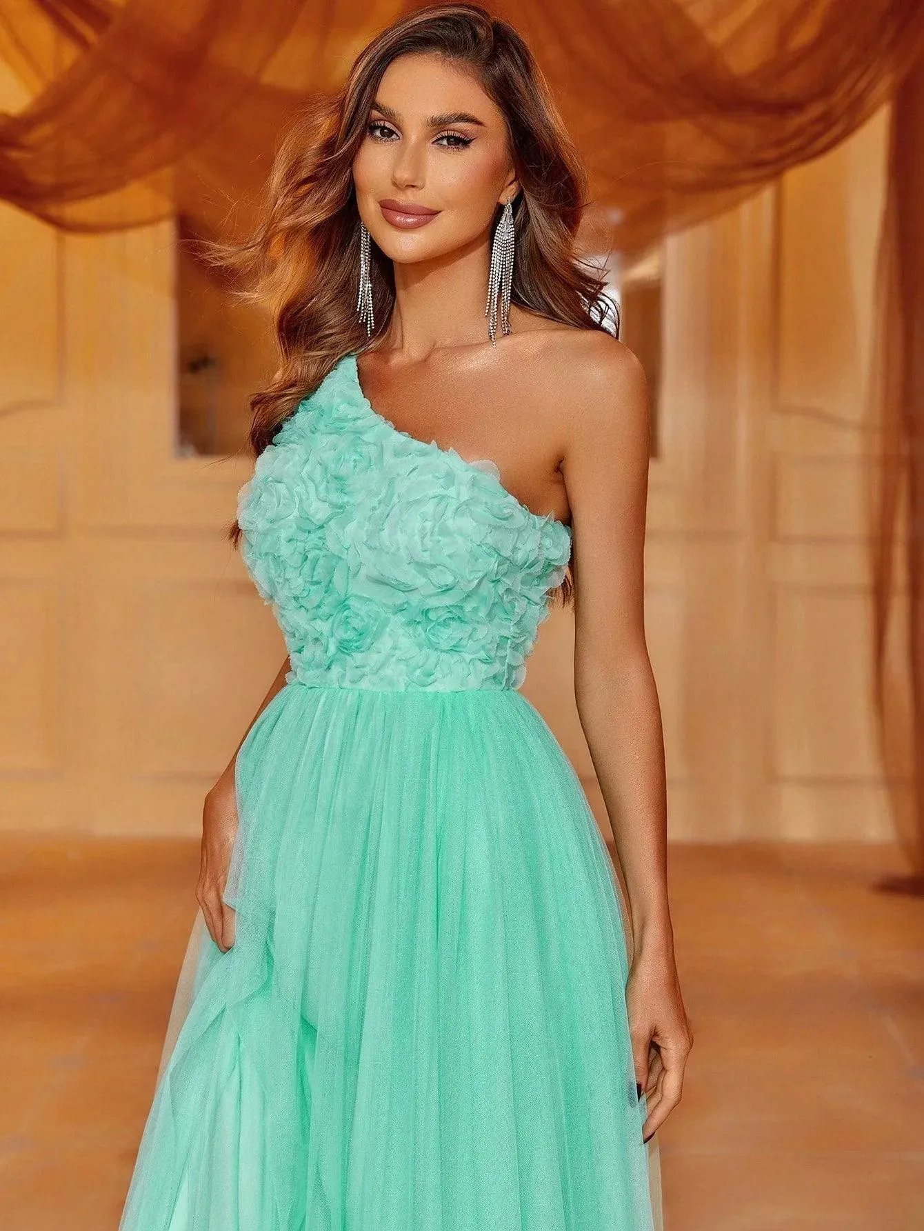 Applique One Shoulder Sleeveless Bridesmaid Dress
