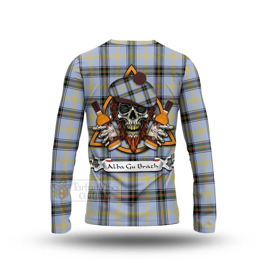 Bell Tartan Long Sleeve T-Shirt with Family Crest and Bearded Skull Holding Bottles of Whiskey