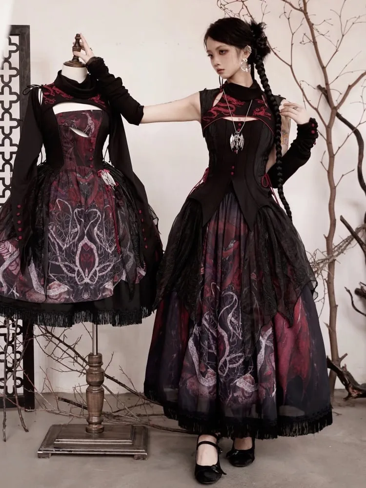 Black Dragon Skirt with Irregular Embroidered Overlay
