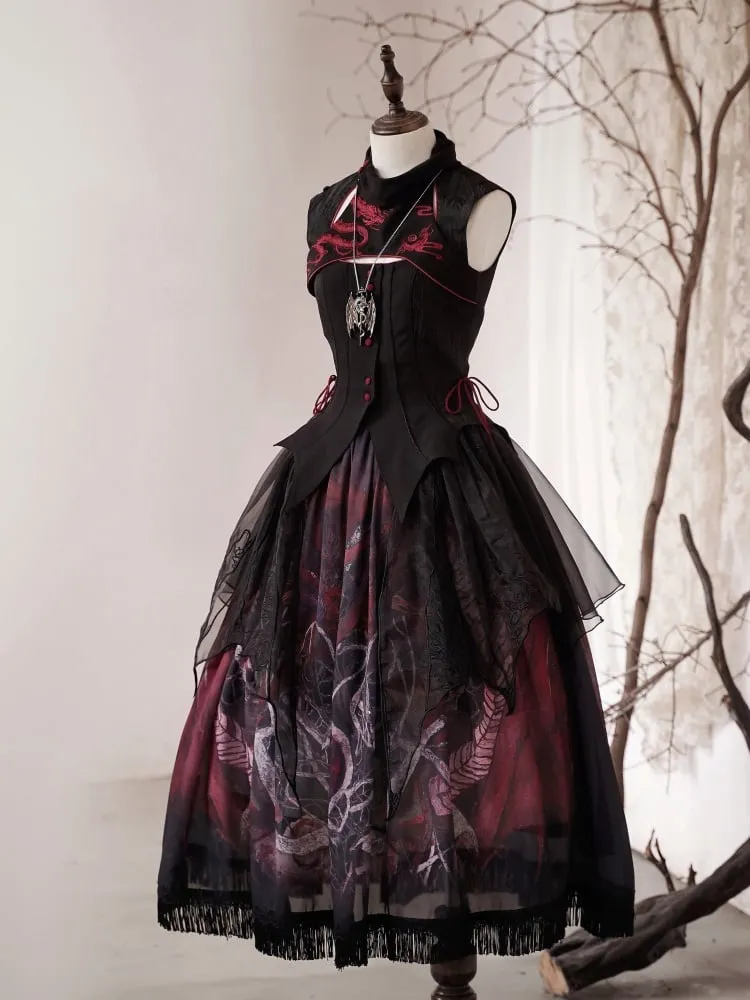 Black Dragon Skirt with Irregular Embroidered Overlay