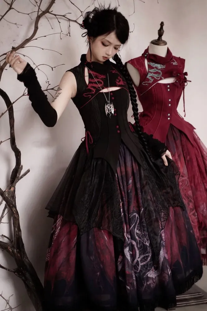 Black Dragon Skirt with Irregular Embroidered Overlay