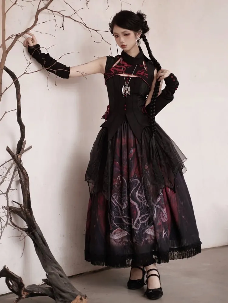 Black Dragon Skirt with Irregular Embroidered Overlay