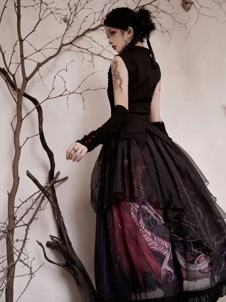 Black Dragon Skirt with Irregular Embroidered Overlay
