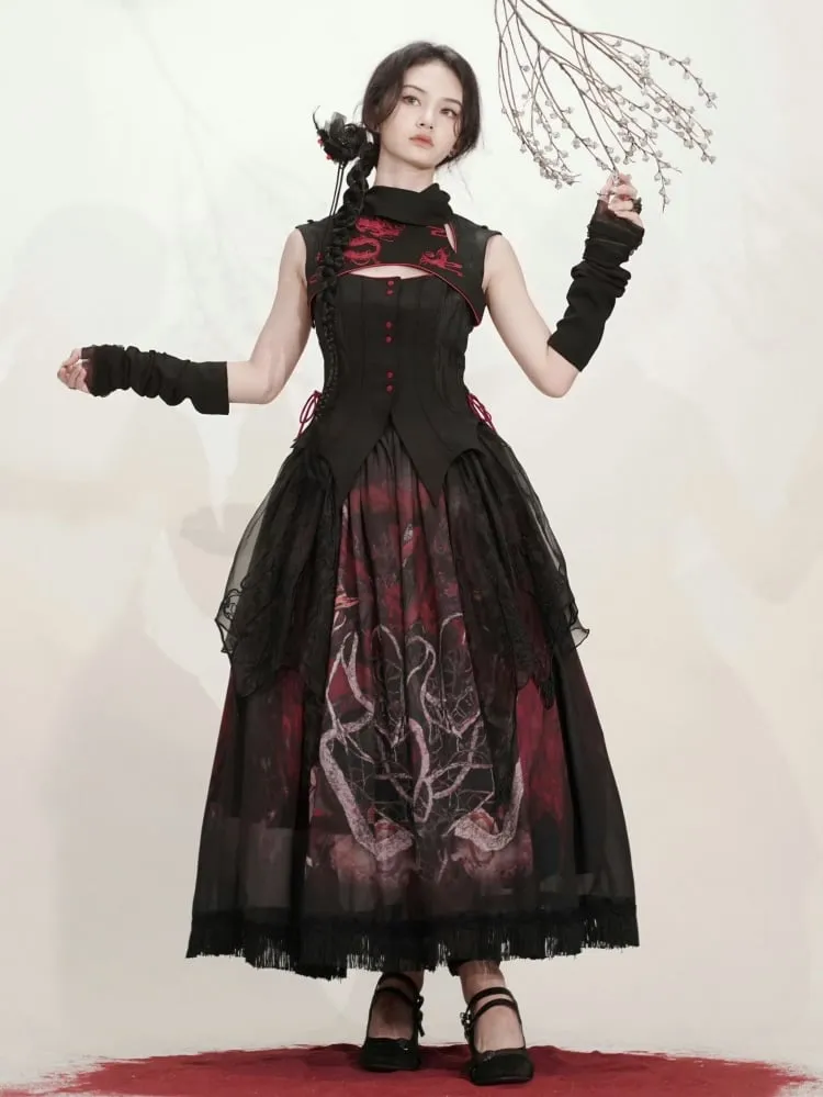 Black Dragon Skirt with Irregular Embroidered Overlay