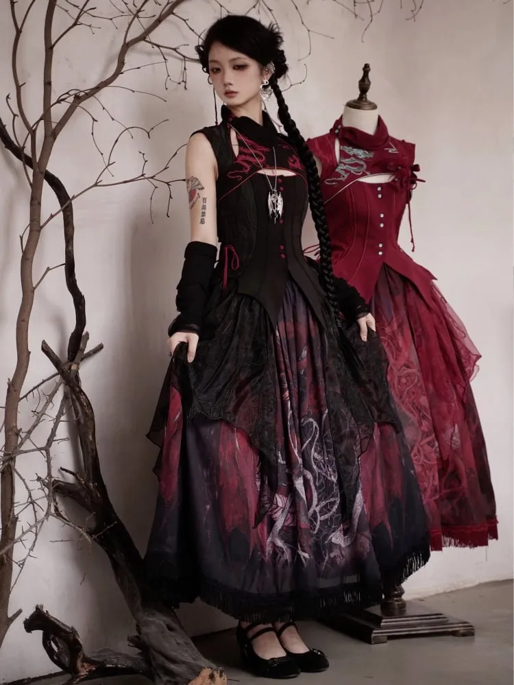 Black Dragon Skirt with Irregular Embroidered Overlay