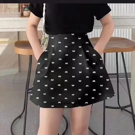 Bow Printed Skirt Fluffy Skirt High Waist Slim