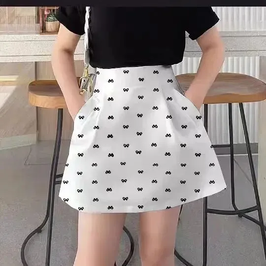 Bow Printed Skirt Fluffy Skirt High Waist Slim