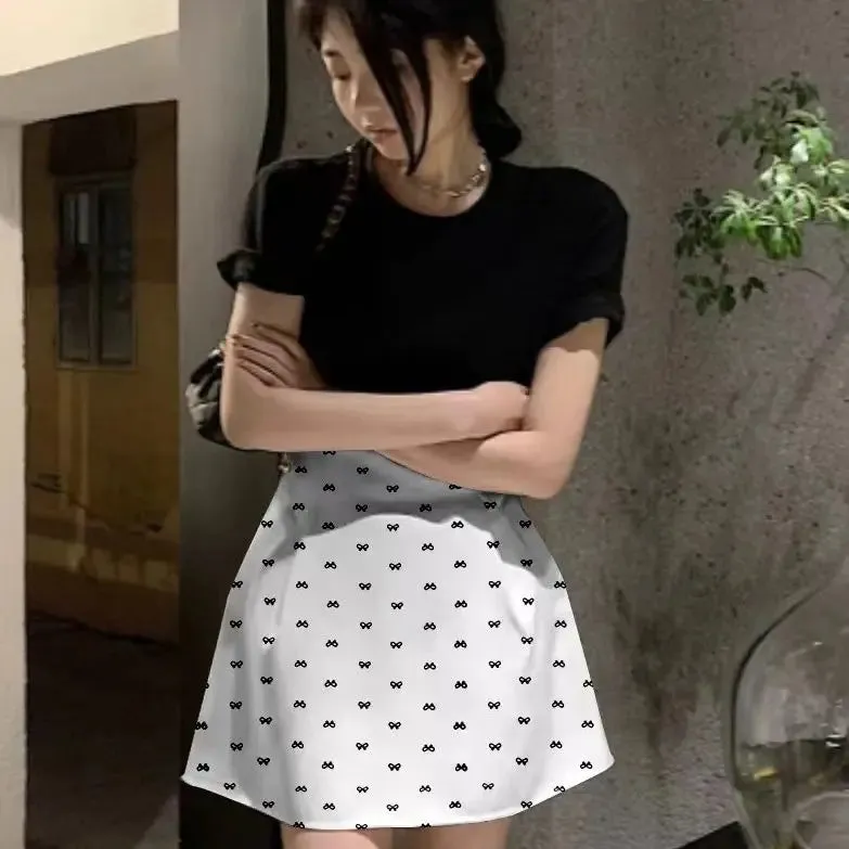 Bow Printed Skirt Fluffy Skirt High Waist Slim