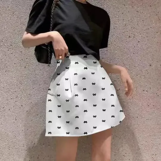Bow Printed Skirt Fluffy Skirt High Waist Slim