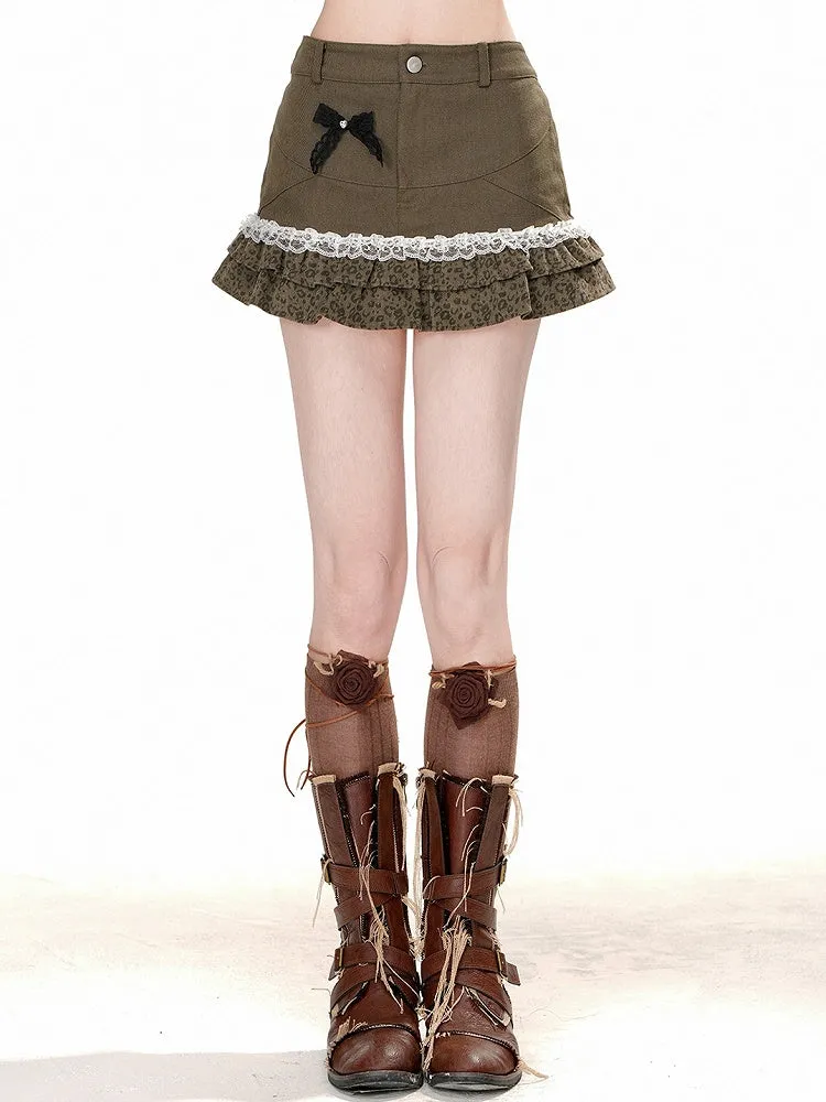 Brown Mini Skirt with Leopard Ruffled Hem and Bow Detail
