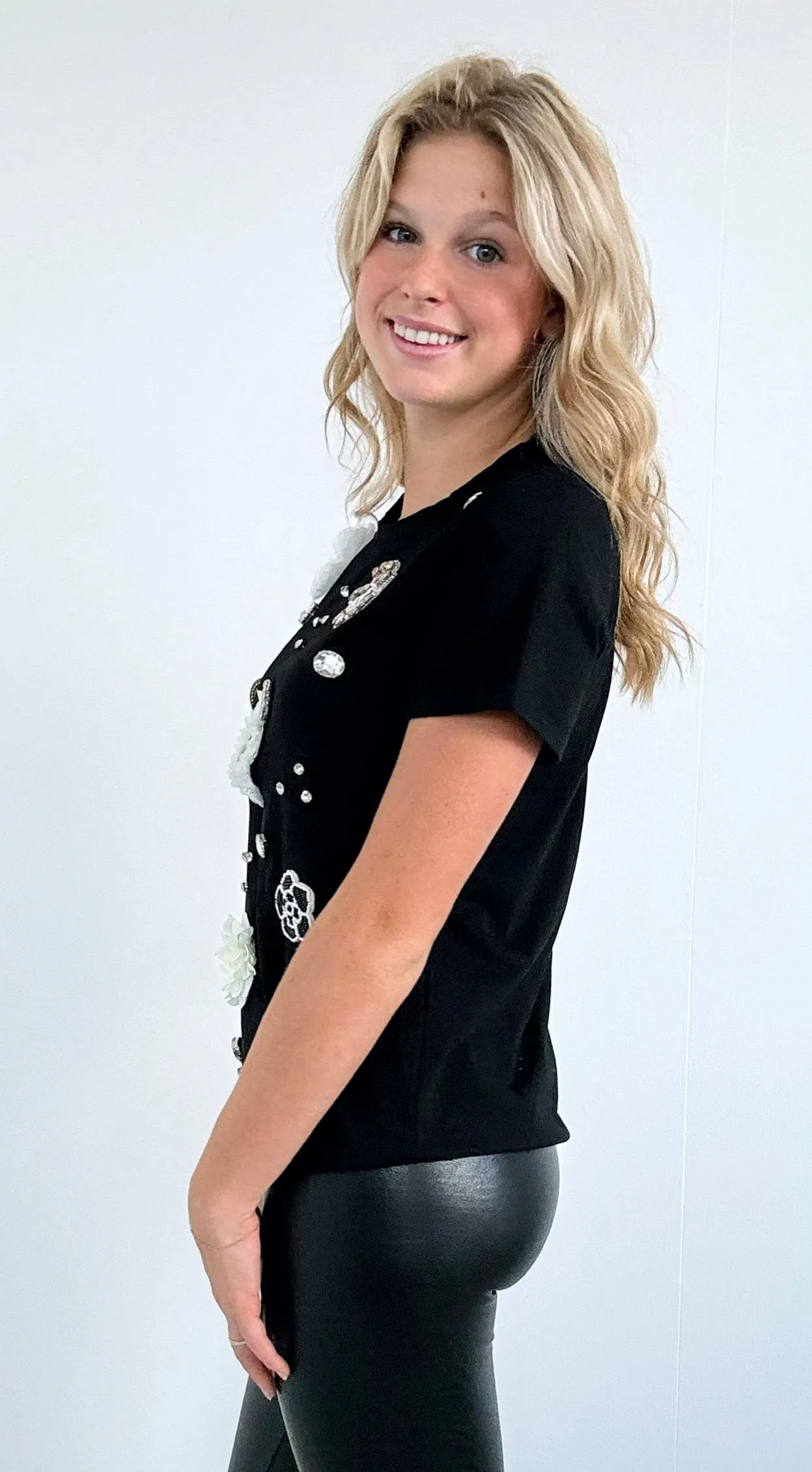 Chic Florals Embellished Top - Black