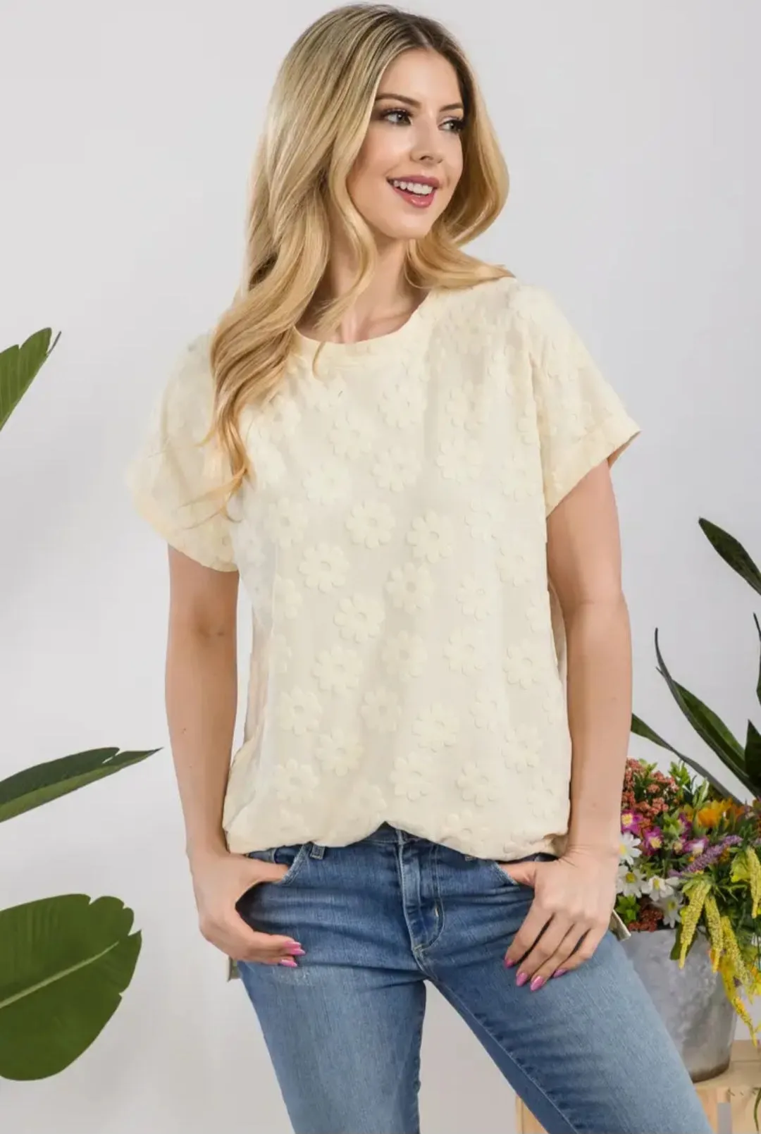 Cream Top w/Jacquard Daisies - #7057-7063