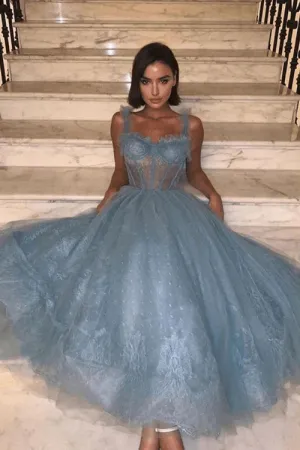 Fashion Gray Blue Tulle Lace Formal Dress Prom Dress Tulle Lace Evening Dress