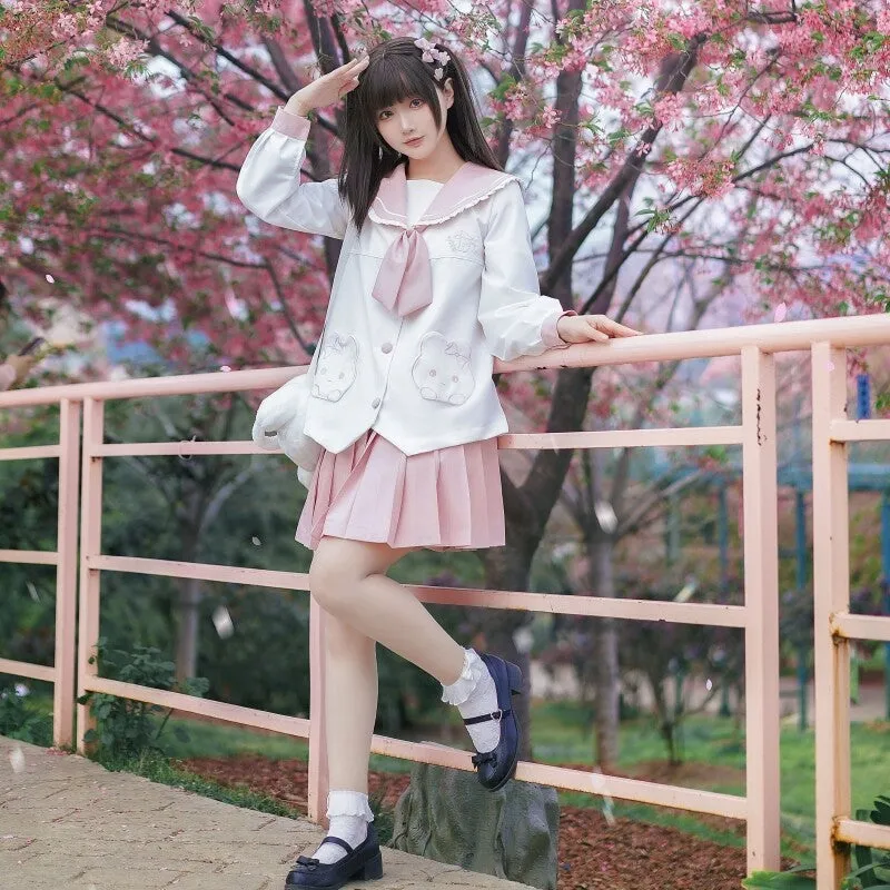 Kawaii Pink Cartoon Rabbit Embroidered JK Uniform Skirt Suit