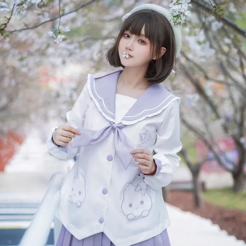 Kawaii Pink Cartoon Rabbit Embroidered JK Uniform Skirt Suit