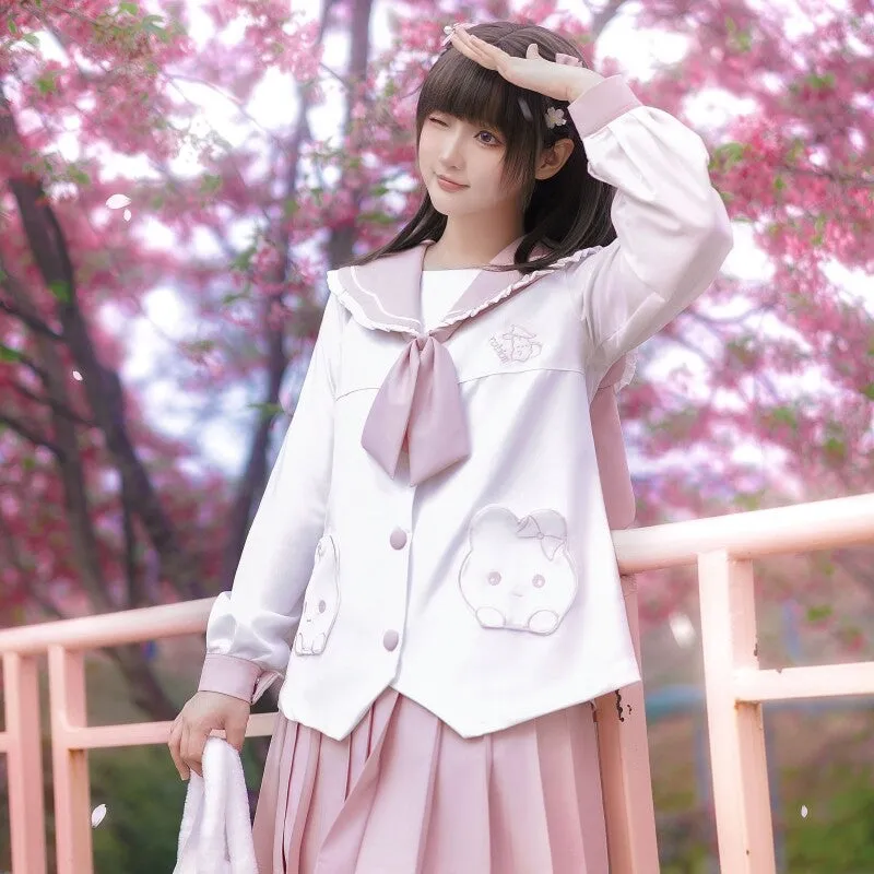 Kawaii Pink Cartoon Rabbit Embroidered JK Uniform Skirt Suit