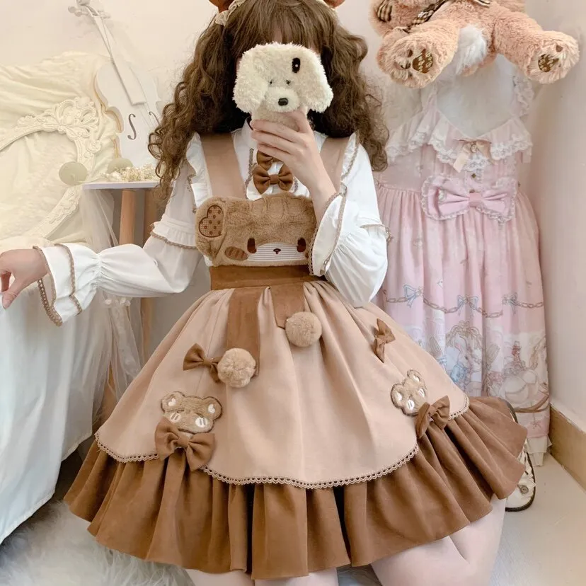 Kawaii Sweet Style Bear Embroidered Lolita Skirt Suit