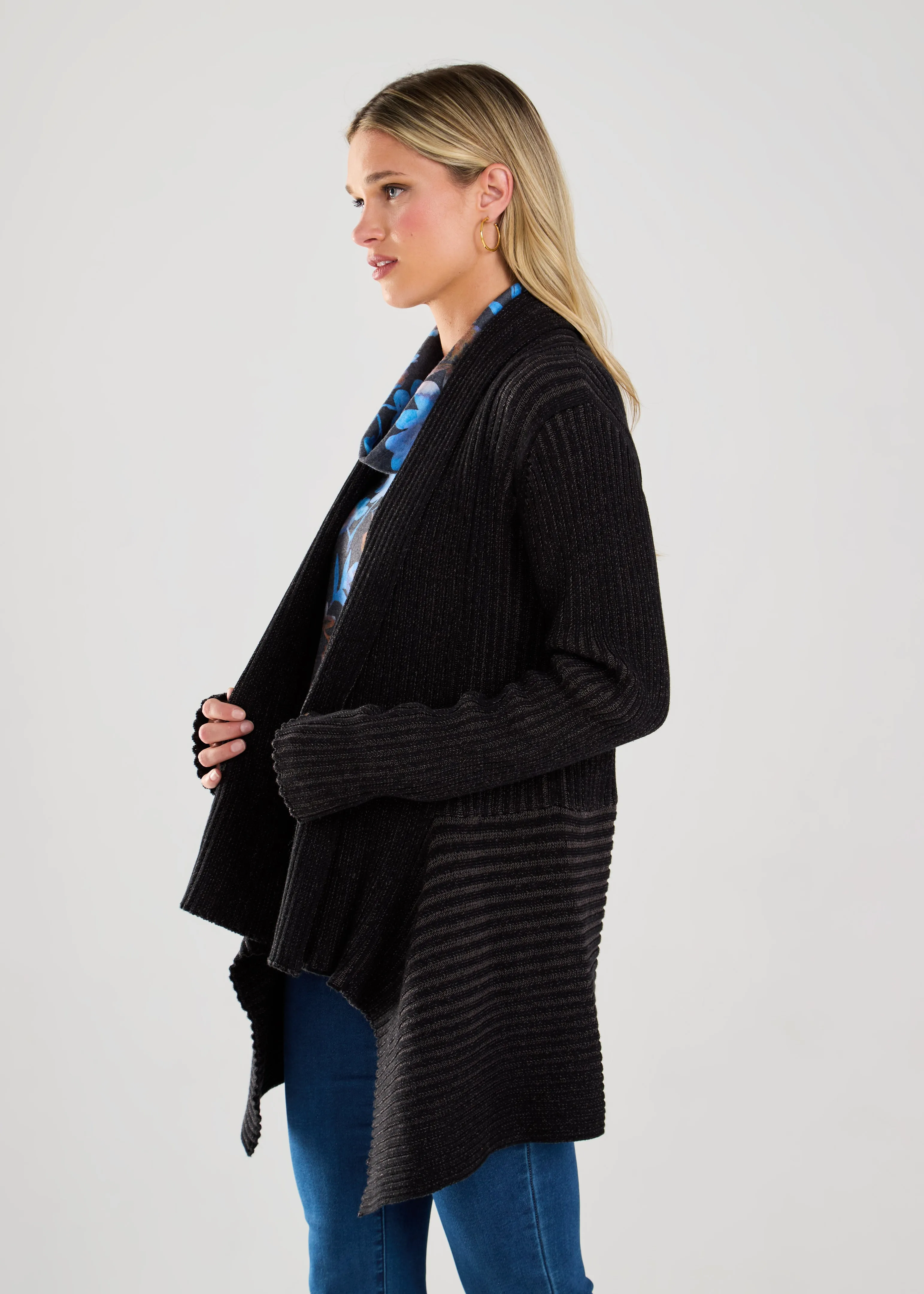 Long-Sleeve Two-Tone Cardigan, Black