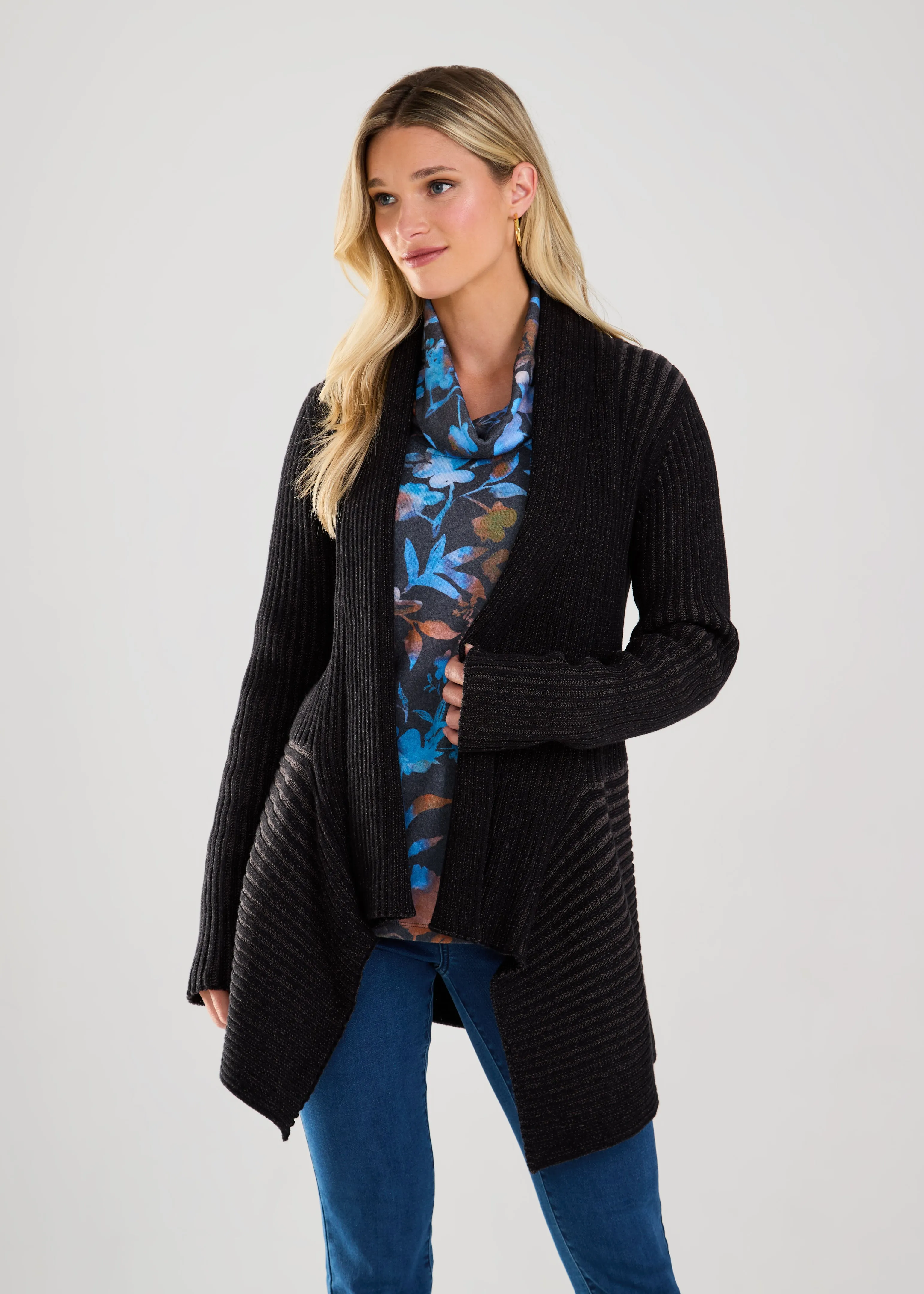 Long-Sleeve Two-Tone Cardigan, Black