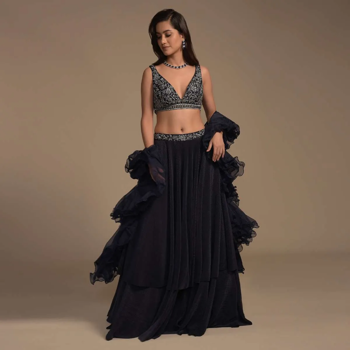 Midnight Blue Plain Lehenga And A Cut Dana Embellished Blouse With Plunging Sweetheart Neckline Online - Kalki Fashion