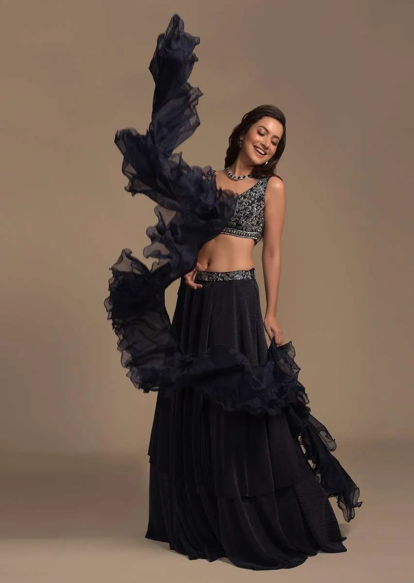 Midnight Blue Plain Lehenga And A Cut Dana Embellished Blouse With Plunging Sweetheart Neckline Online - Kalki Fashion