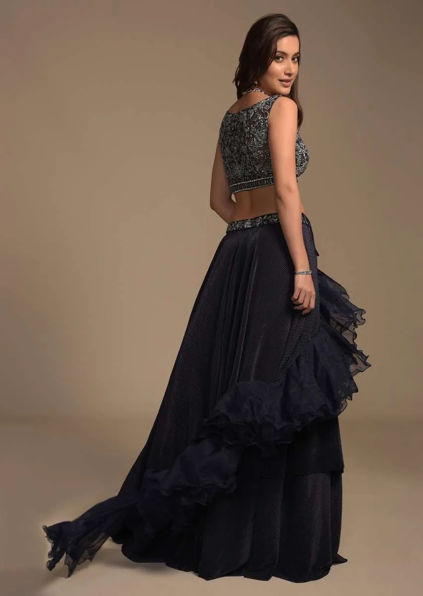 Midnight Blue Plain Lehenga And A Cut Dana Embellished Blouse With Plunging Sweetheart Neckline Online - Kalki Fashion