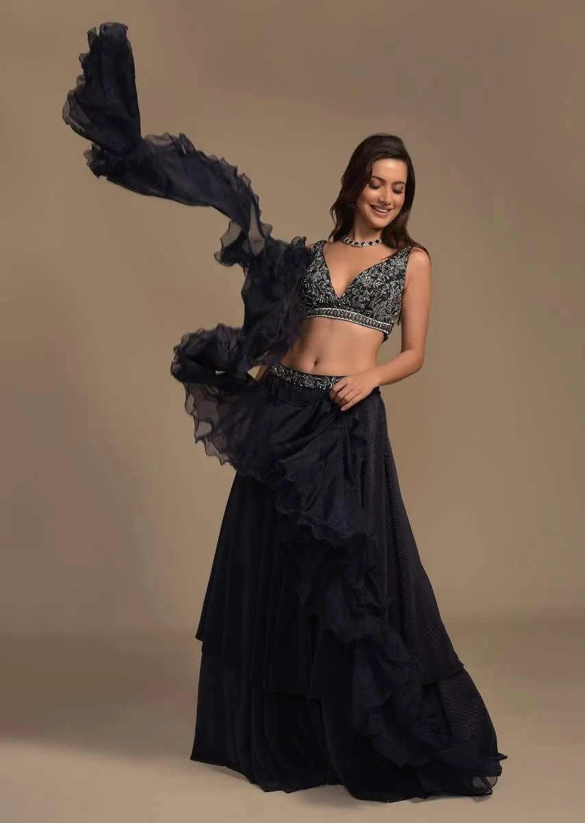 Midnight Blue Plain Lehenga And A Cut Dana Embellished Blouse With Plunging Sweetheart Neckline Online - Kalki Fashion