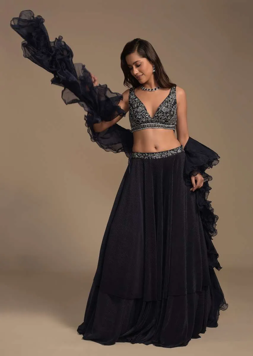 Midnight Blue Plain Lehenga And A Cut Dana Embellished Blouse With Plunging Sweetheart Neckline Online - Kalki Fashion