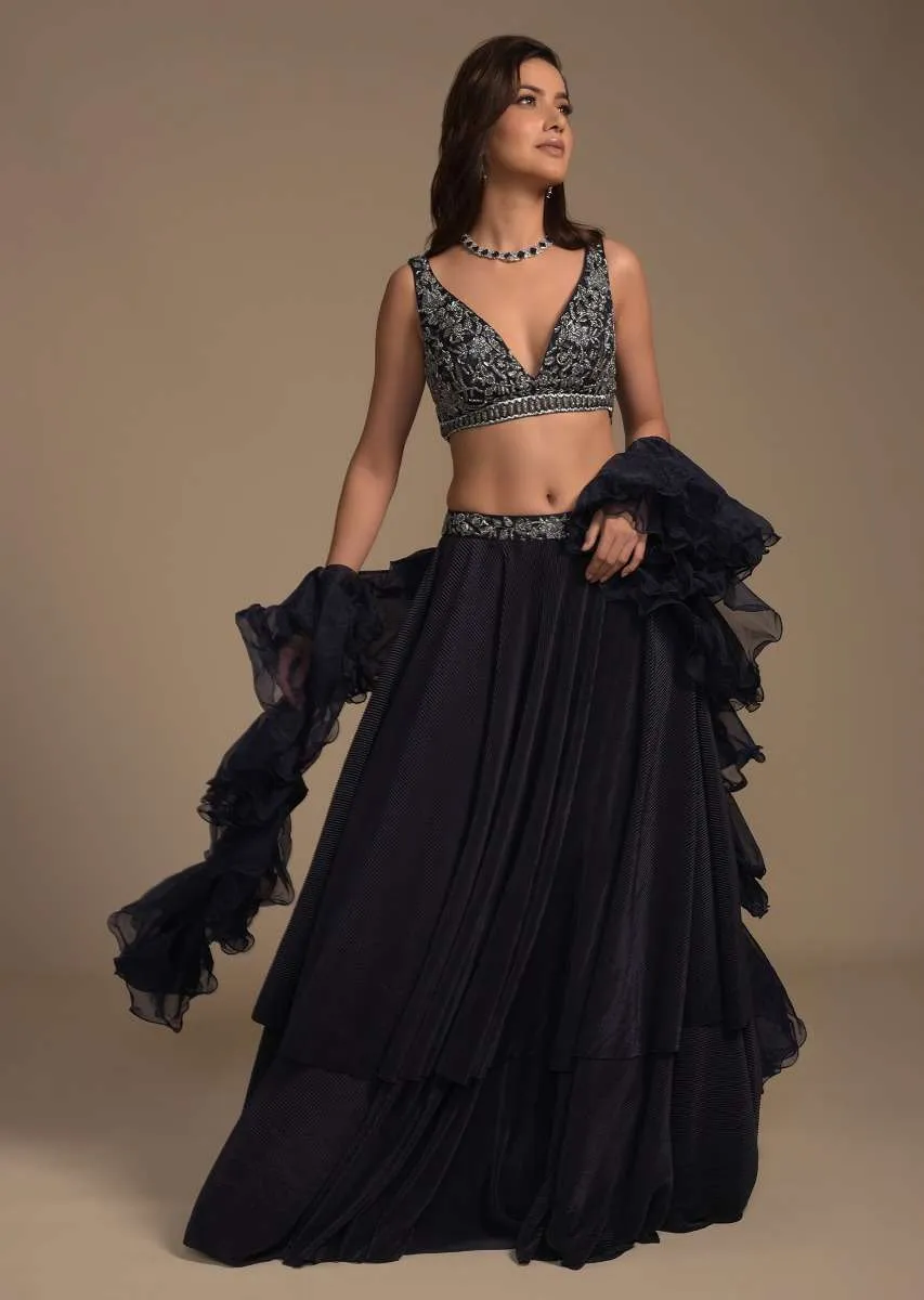 Midnight Blue Plain Lehenga And A Cut Dana Embellished Blouse With Plunging Sweetheart Neckline Online - Kalki Fashion