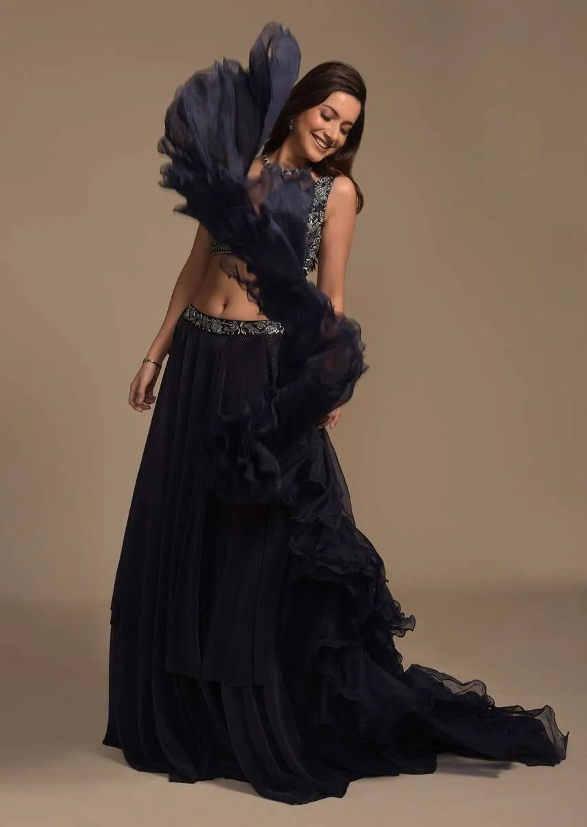 Midnight Blue Plain Lehenga And A Cut Dana Embellished Blouse With Plunging Sweetheart Neckline Online - Kalki Fashion
