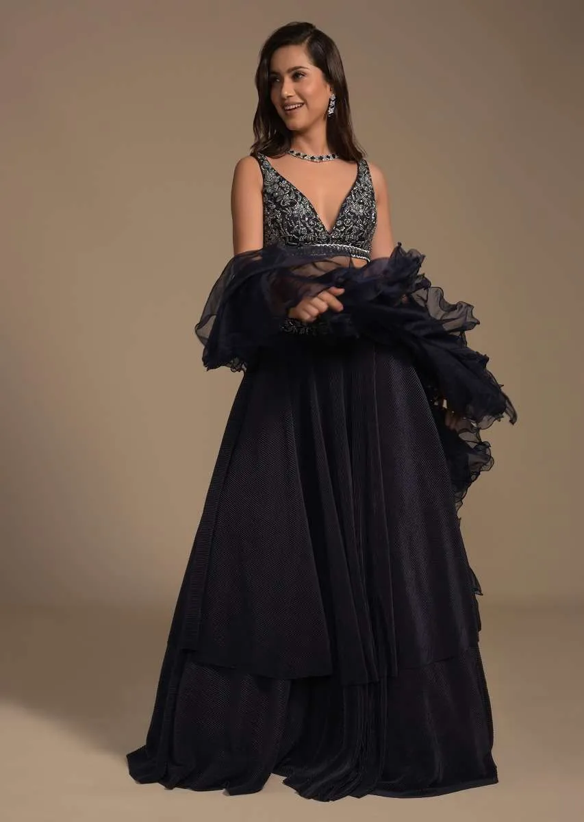 Midnight Blue Plain Lehenga And A Cut Dana Embellished Blouse With Plunging Sweetheart Neckline Online - Kalki Fashion