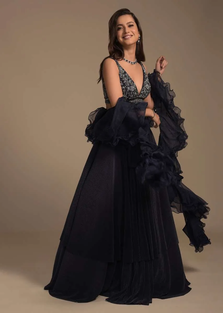 Midnight Blue Plain Lehenga And A Cut Dana Embellished Blouse With Plunging Sweetheart Neckline Online - Kalki Fashion