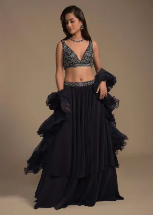 Midnight Blue Plain Lehenga And A Cut Dana Embellished Blouse With Plunging Sweetheart Neckline Online - Kalki Fashion