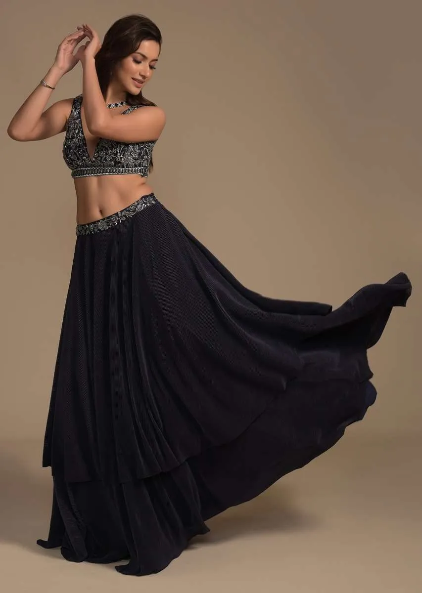 Midnight Blue Plain Lehenga And A Cut Dana Embellished Blouse With Plunging Sweetheart Neckline Online - Kalki Fashion