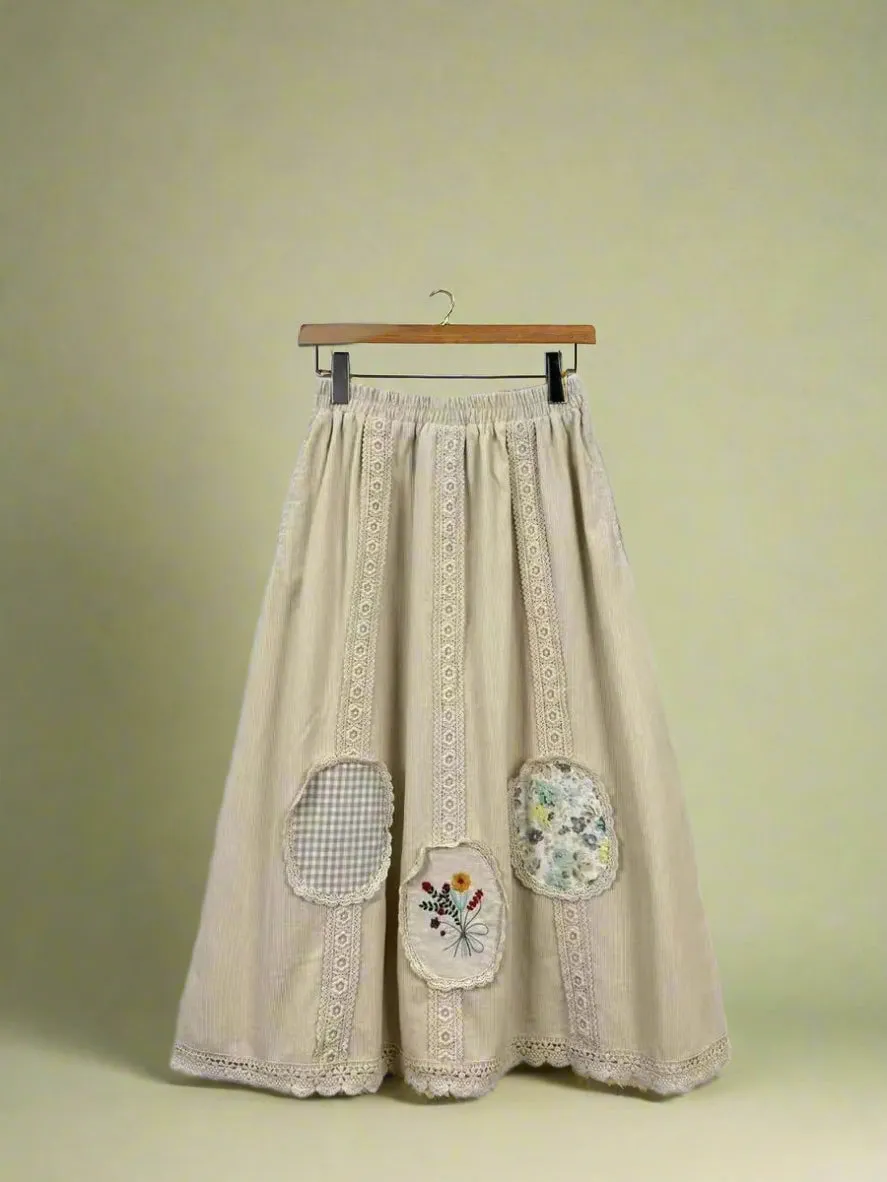 Mori Girl Patchwork Lace Midi Skirt