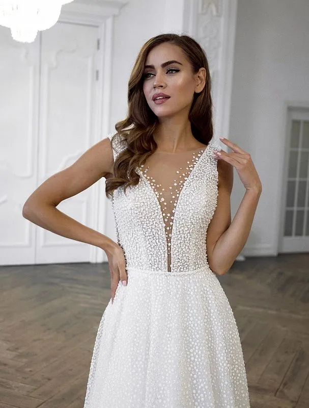 Pearl Beaded Deep V Neck White Wedding Dress