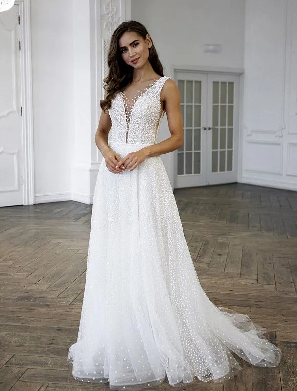 Pearl Beaded Deep V Neck White Wedding Dress