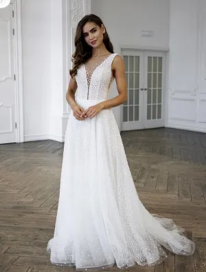 Pearl Beaded Deep V Neck White Wedding Dress