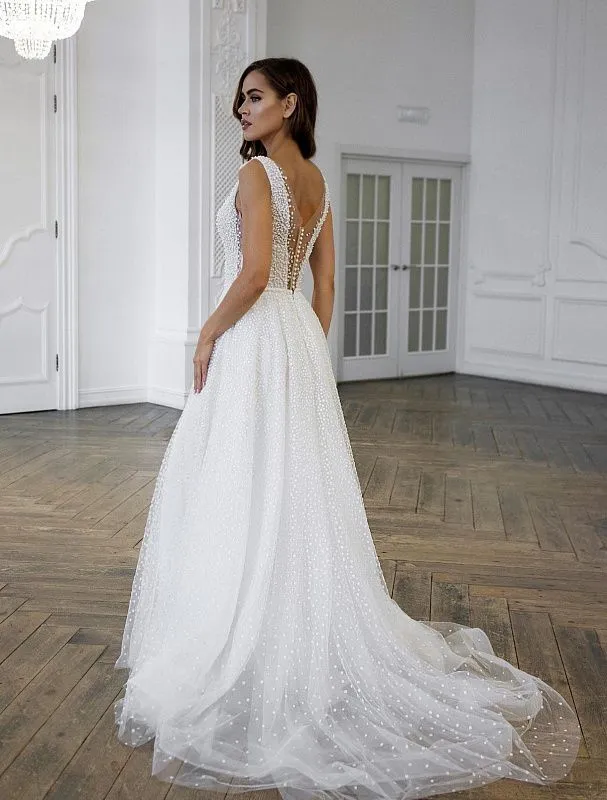 Pearl Beaded Deep V Neck White Wedding Dress