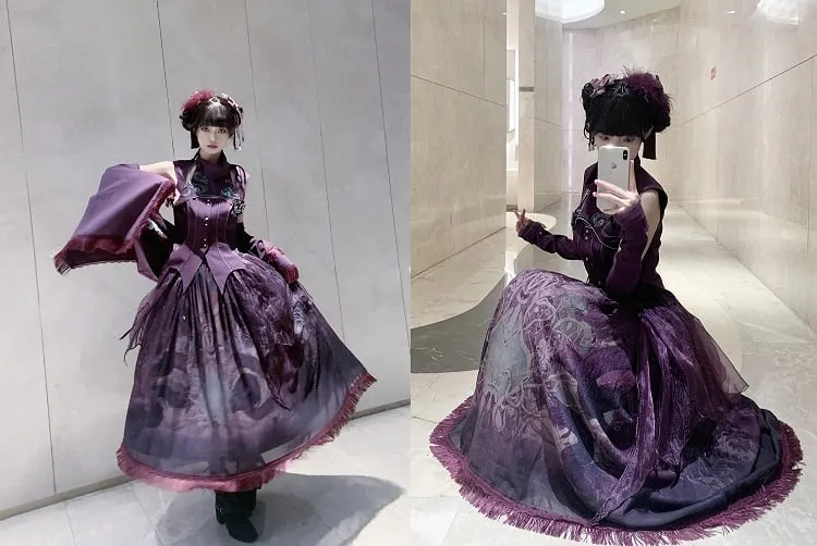 Purple Snake Print Lolita Skirt with Irregular Embroidered Overlay