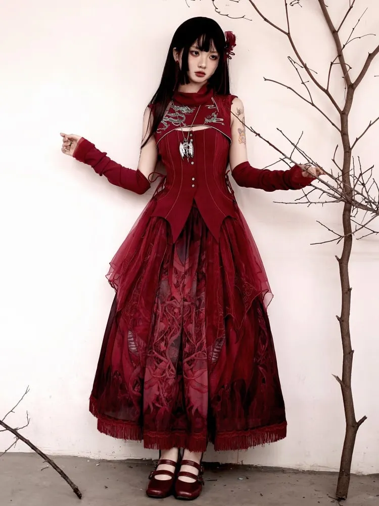 Red Dragon Print Skirt with Irregular Embroidered Overlay