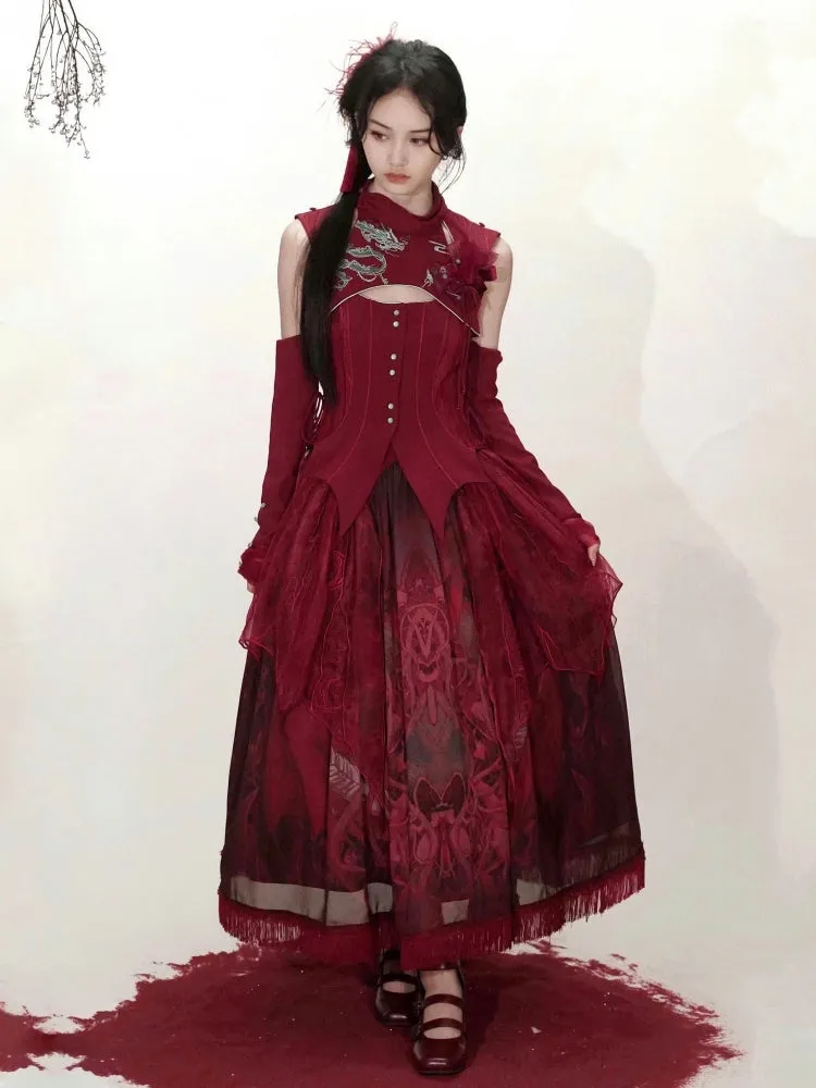 Red Dragon Print Skirt with Irregular Embroidered Overlay