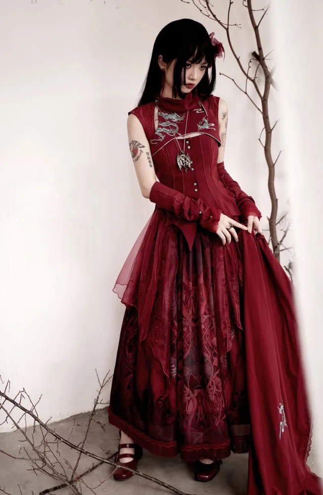 Red Dragon Print Skirt with Irregular Embroidered Overlay
