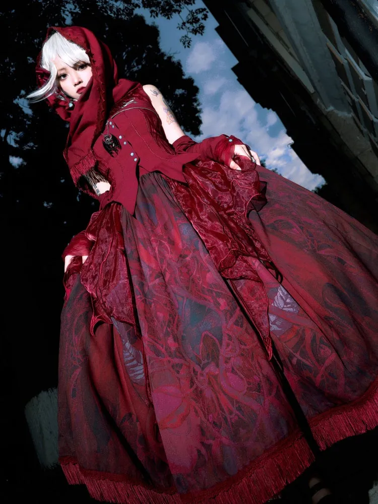 Red Dragon Print Skirt with Irregular Embroidered Overlay